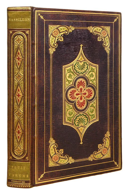 Exceptional crushed morocco binding, gilt panels enclosing central square decorated heavily in gilt with floral and leaf designs, by Dauphin, Lyon.