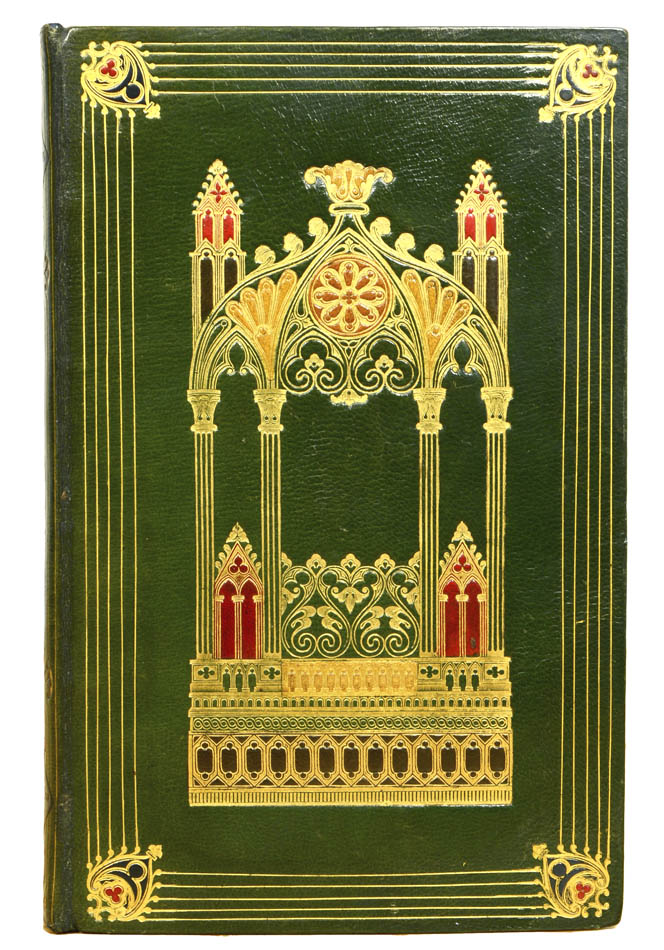 Contemporary green morocco in the Gothic style, multiple gilt fillets with decorative corner-pieces with red morocco onlays, elaborately gilt, by Gruel.