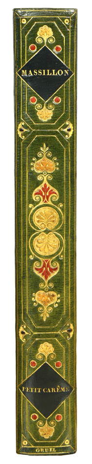 Contemporary green morocco in the Gothic style, multiple gilt fillets with decorative corner-pieces with red morocco onlays, elaborately gilt, by Gruel.