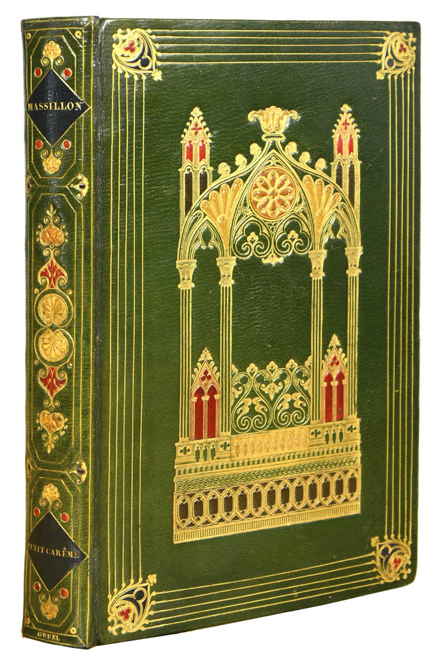 Contemporary green morocco in the Gothic style, multiple gilt fillets with decorative corner-pieces with red morocco onlays, elaborately gilt, by Gruel.