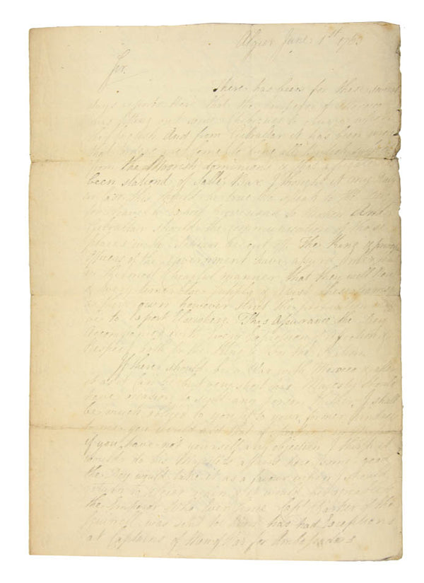 The present letter is one of the first that Bruce sent back. Explains his preparations for resisting the assaults of Barbary Pirates on British property.