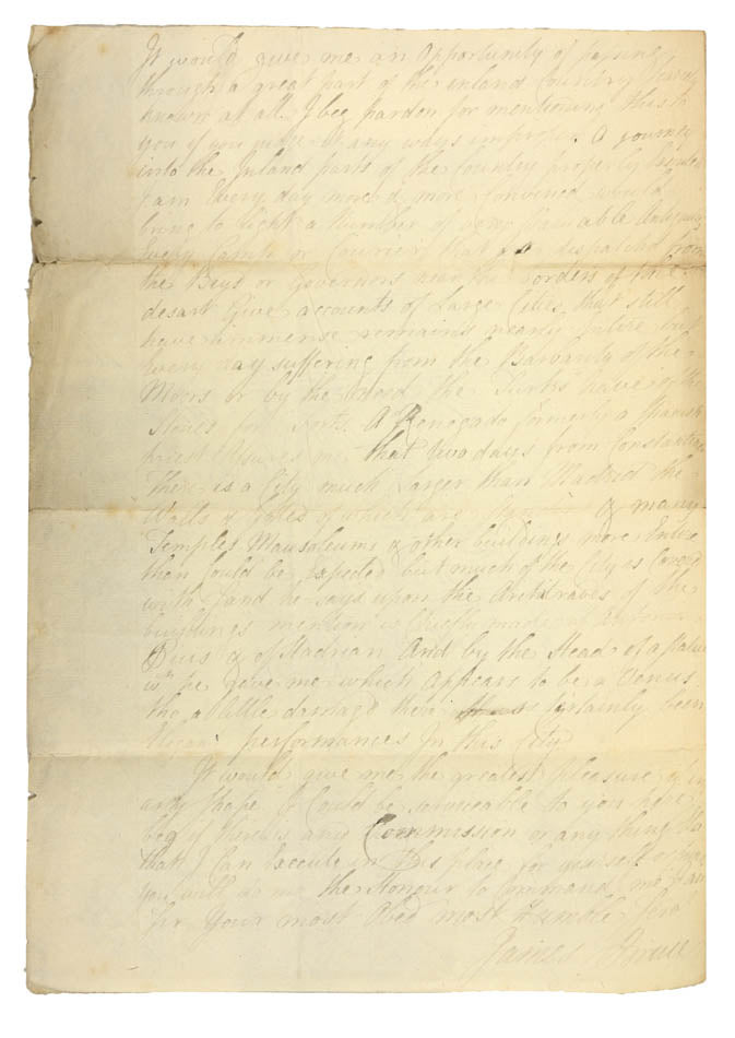 The present letter is one of the first that Bruce sent back. Explains his preparations for resisting the assaults of Barbary Pirates on British property.