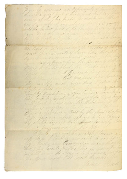The present letter is one of the first that Bruce sent back. Explains his preparations for resisting the assaults of Barbary Pirates on British property.