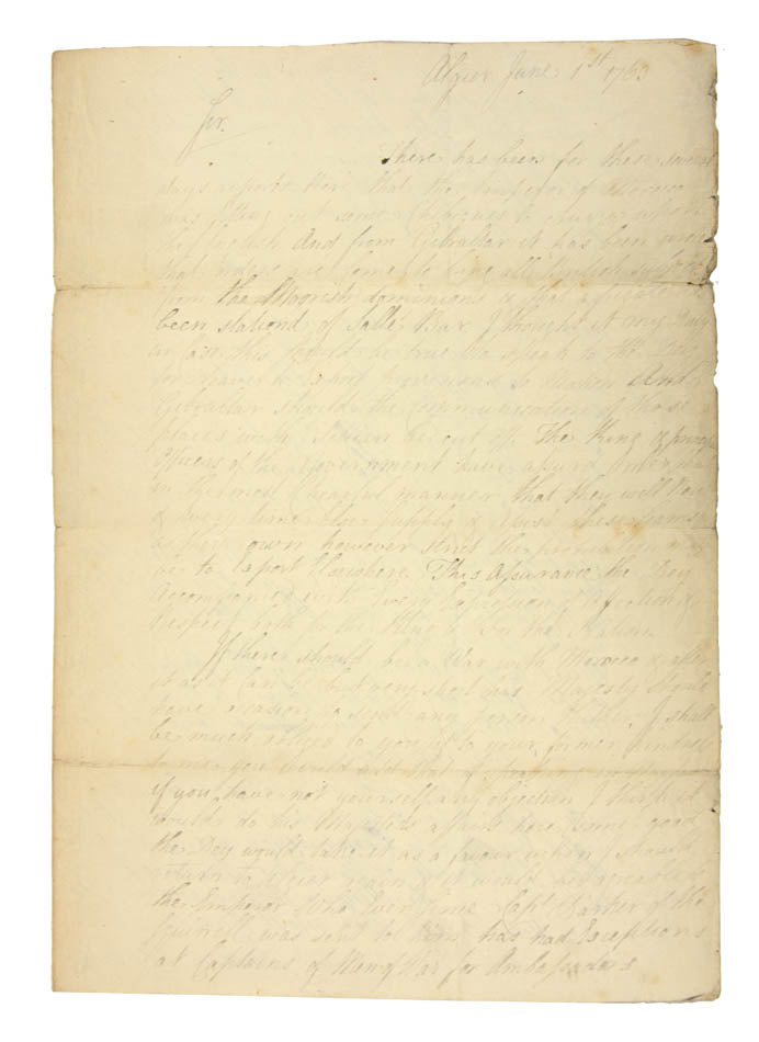 The present letter is one of the first that Bruce sent back. Explains his preparations for resisting the assaults of Barbary Pirates on British property.