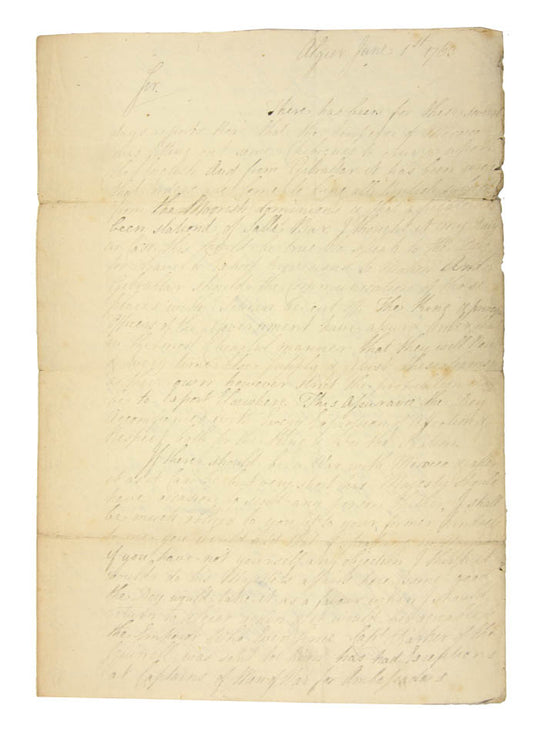 The present letter is one of the first that Bruce sent back. Explains his preparations for resisting the assaults of Barbary Pirates on British property.