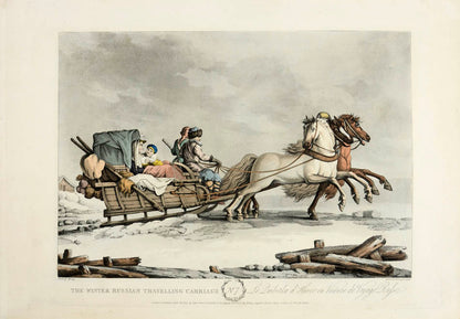 Russian carriages and sleighs and their occupants, all dressed in contemporary costume and boldly coloured. 