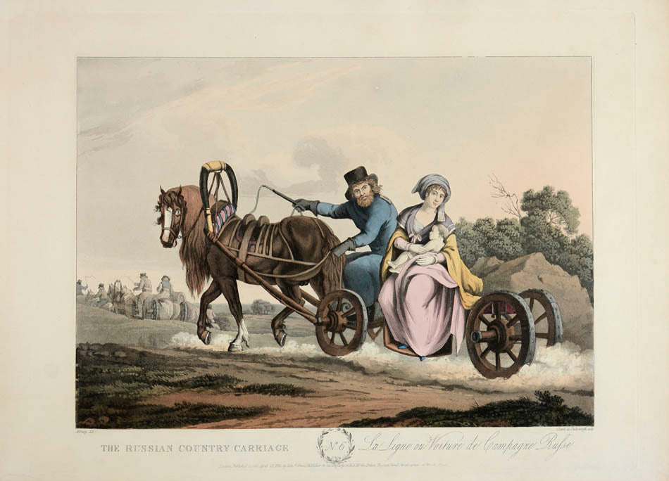 Russian carriages and sleighs and their occupants, all dressed in contemporary costume and boldly coloured. 