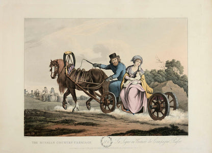 Russian carriages and sleighs and their occupants, all dressed in contemporary costume and boldly coloured. 