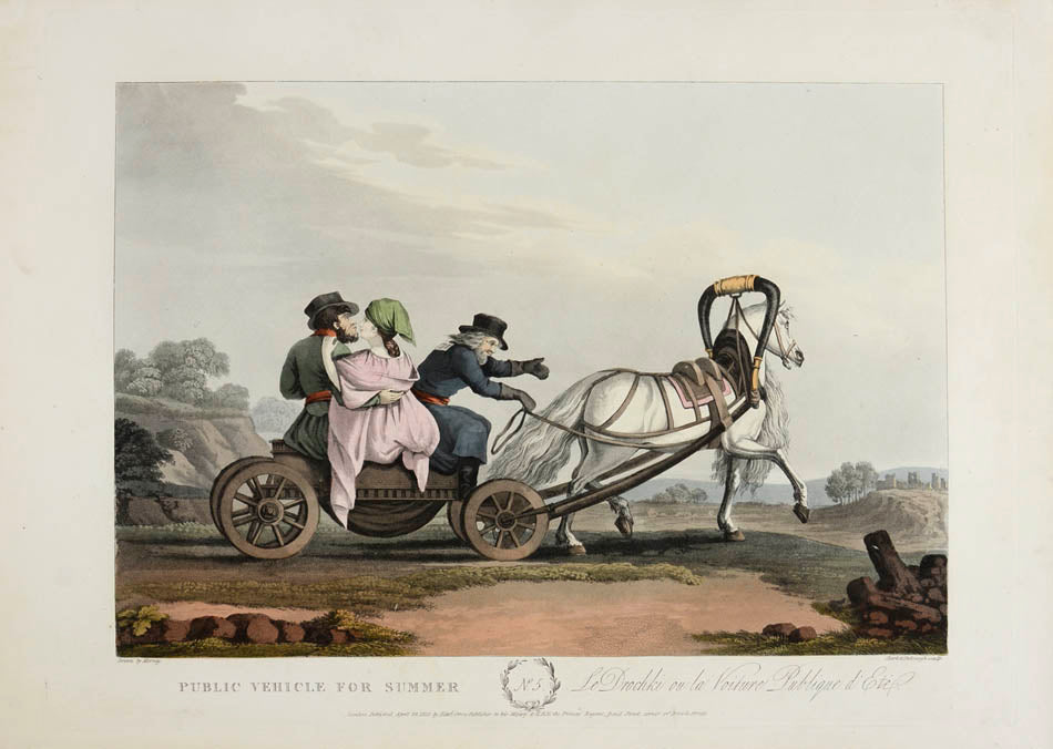 Russian carriages and sleighs and their occupants, all dressed in contemporary costume and boldly coloured.