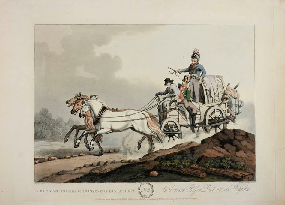 Russian carriages and sleighs and their occupants, all dressed in contemporary costume and boldly coloured. 