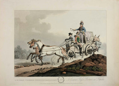 Russian carriages and sleighs and their occupants, all dressed in contemporary costume and boldly coloured. 