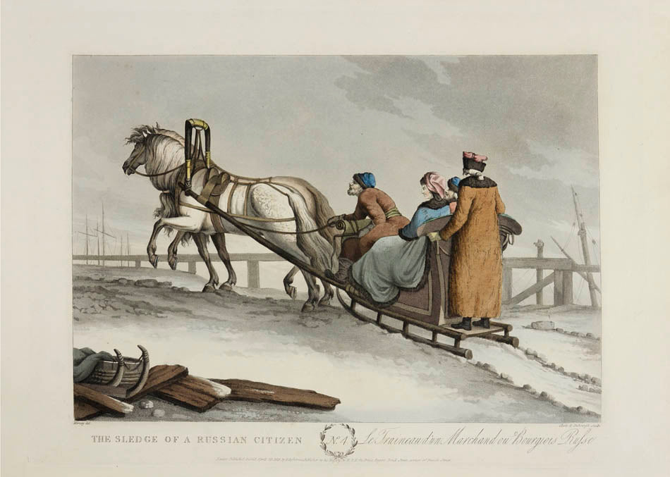 Russian carriages and sleighs and their occupants, all dressed in contemporary costume and boldly coloured. 
