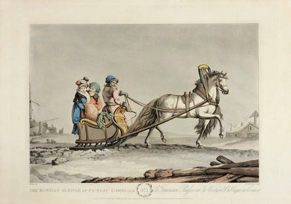 Russian carriages and sleighs and their occupants, all dressed in contemporary costume and boldly coloured. 