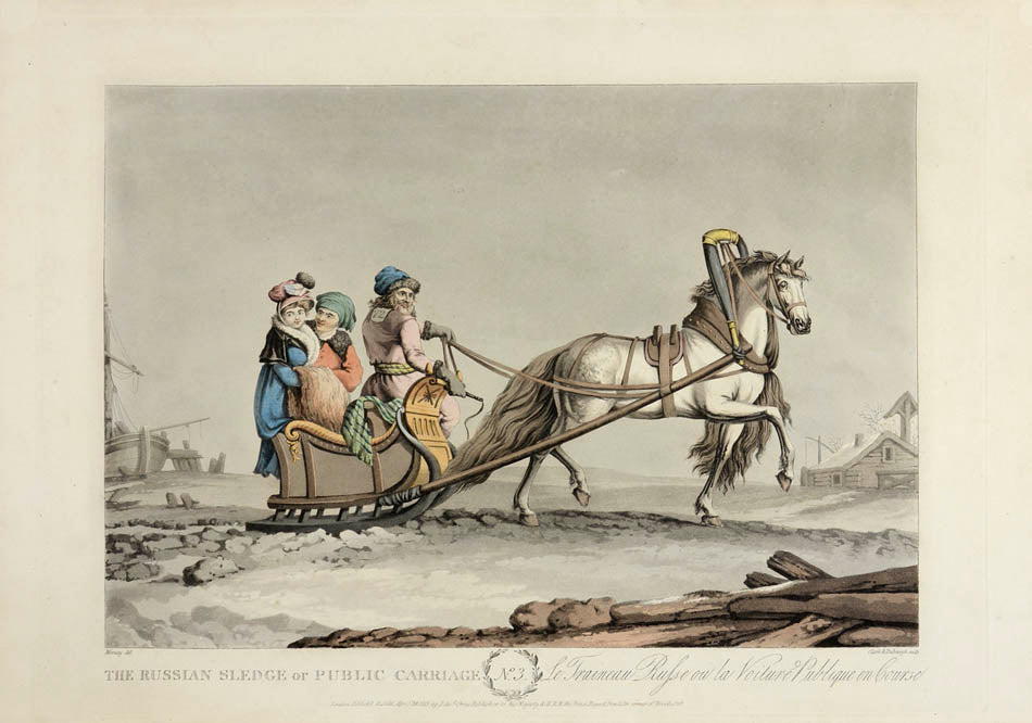 Russian carriages and sleighs and their occupants, all dressed in contemporary costume and boldly coloured.