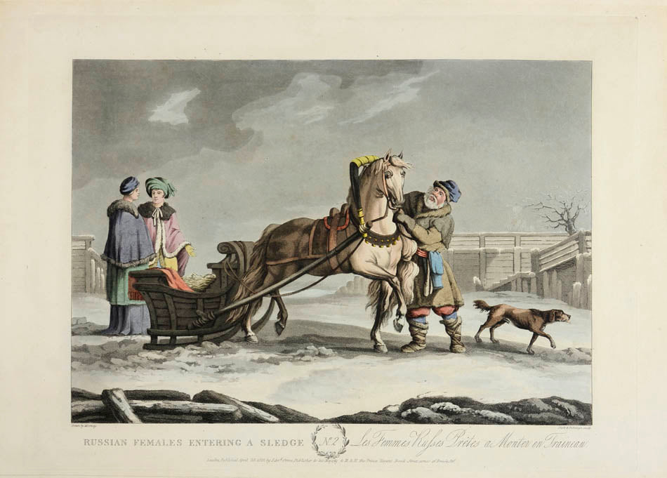 Russian carriages and sleighs and their occupants, all dressed in contemporary costume and boldly coloured. 