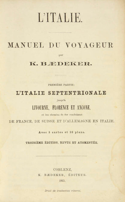 This series covering the Northern Italy was first published in French in 1861 and was the first of the three French titles on Italy to be published.