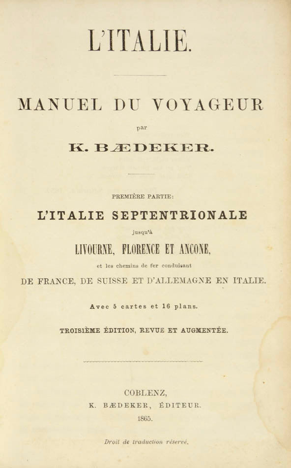 This series covering the Northern Italy was first published in French in 1861 and was the first of the three French titles on Italy to be published. 