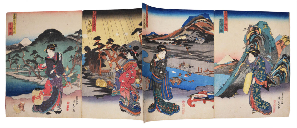 A beauitful album of chuban tate-e wood blck prints in clasic ukiyo-e style with a beautiful lady in front of a landscape designed by Hiroshige.