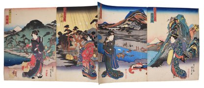 A beauitful album of chuban tate-e wood blck prints in clasic ukiyo-e style with a beautiful lady in front of a landscape designed by Hiroshige.