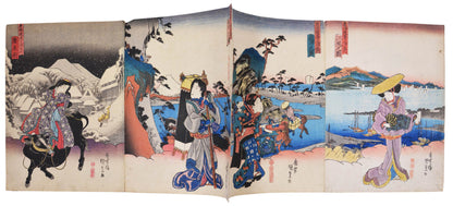 A beauitful album of chuban tate-e wood blck prints in clasic ukiyo-e style with a beautiful lady in front of a landscape designed by Hiroshige.