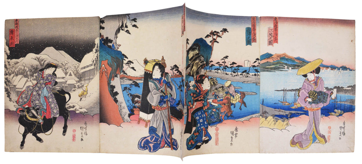 A beauitful album of chuban tate-e wood blck prints in clasic ukiyo-e style with a beautiful lady in front of a landscape designed by Hiroshige.