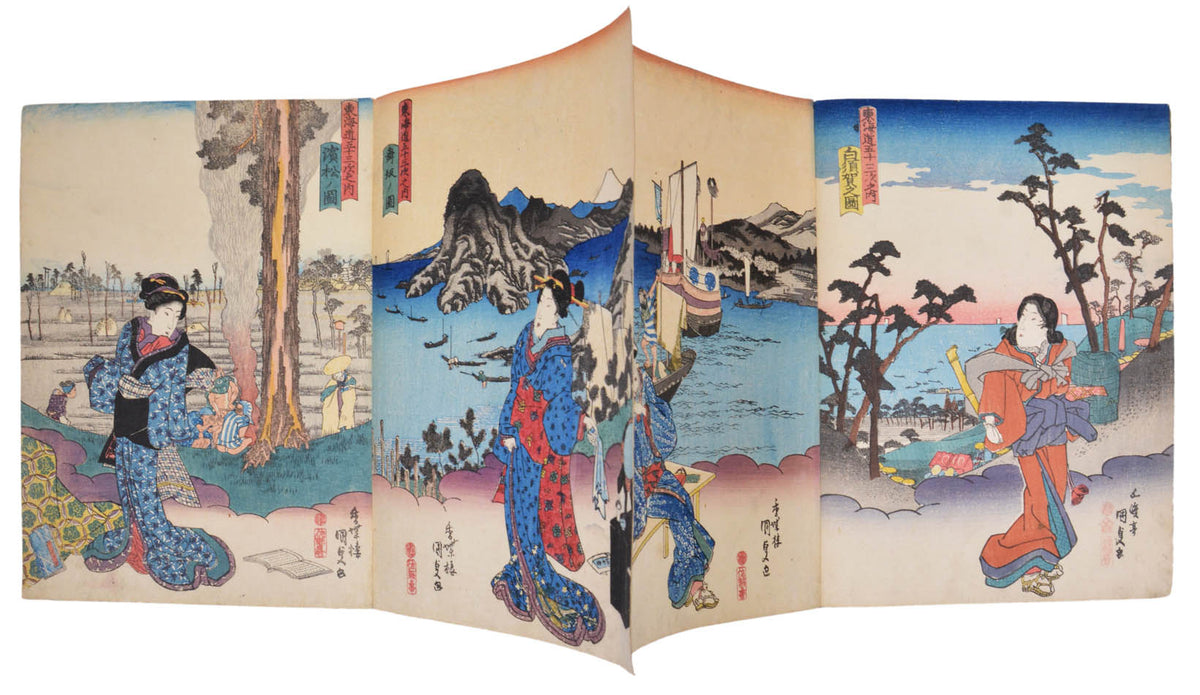 A beauitful album of chuban tate-e wood blck prints in clasic ukiyo-e style with a beautiful lady in front of a landscape designed by Hiroshige.