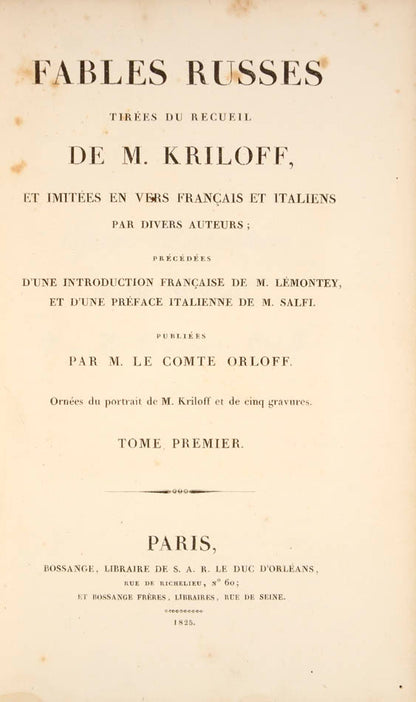 a fresh example with wide margins of this edition comprising 86 original fables of the 'russian lafontaine' 
