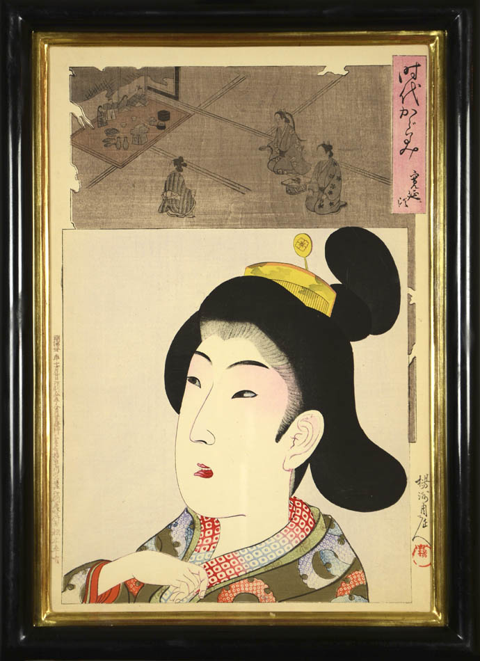 Six oban tate-e woodblock prints of okubi-e (bust portraits) of beauties, titled Jidai kagami [Mirror of the Ages].