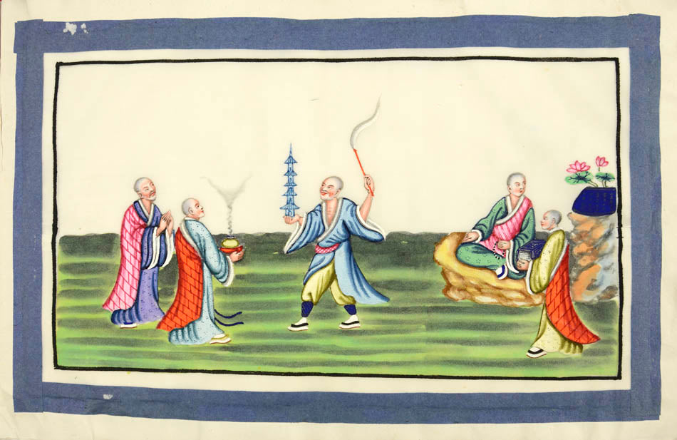 A set of 10 watercolour and gouache studies on pith paper. Contemporary red patterned silk binding. 