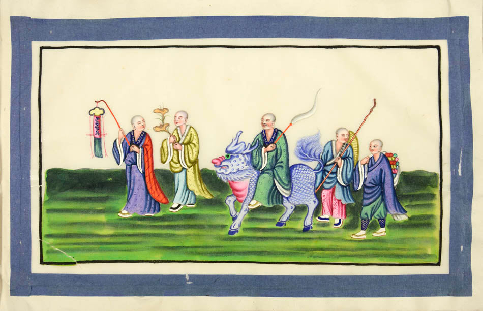 A set of 10 watercolour and gouache studies on pith paper. Contemporary red patterned silk binding. 