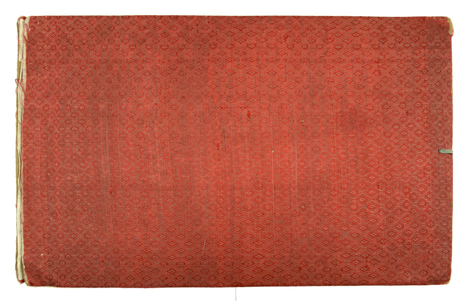 A set of 10 watercolour and gouache studies on pith paper. Contemporary red patterned silk binding.