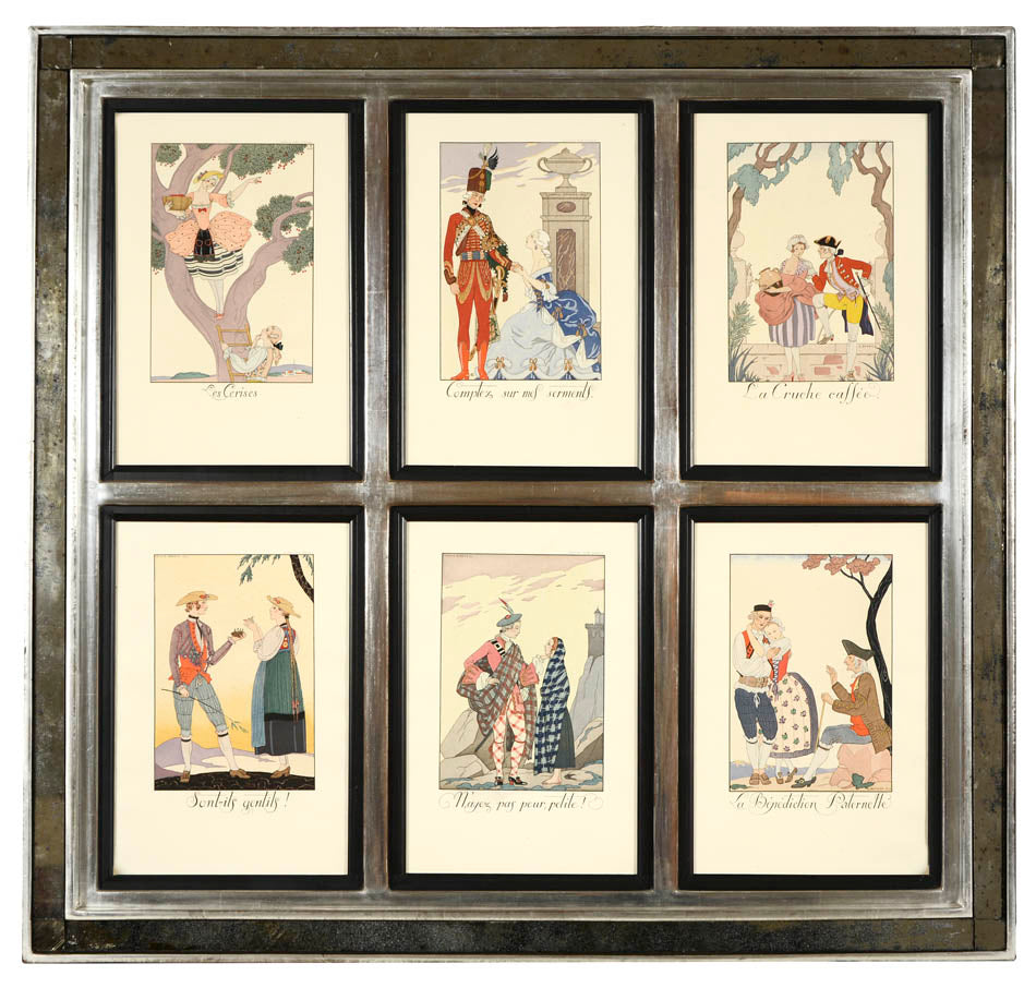 A group of six pochoir fashion plates from George Barbier's Falbalas & Fanfreluches, the last of Barbier's books to reflect contemporary life directly.