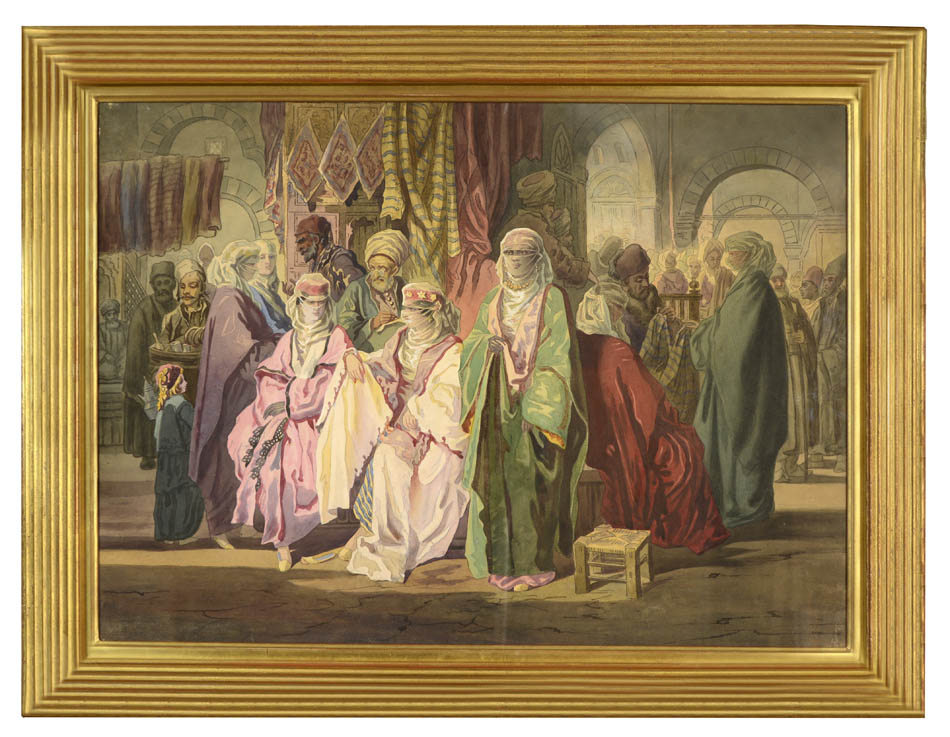 A pair of watercolours depicting scenes inside the Grand Bazaar at Istanbul.