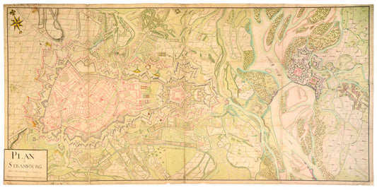 Large manuscript plan of Strasbourg - a unique item with fine colours, very unusual.