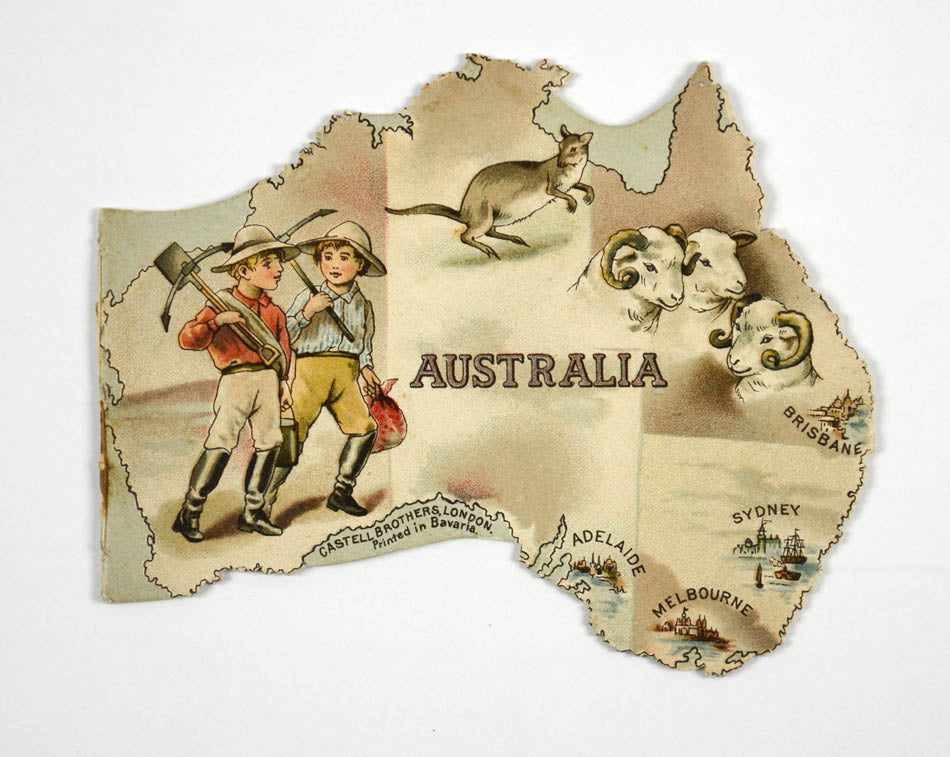 A rare shape book, in the form of the Australian continent, with scenes of Australian life, including sheep mustering and a bullock team.