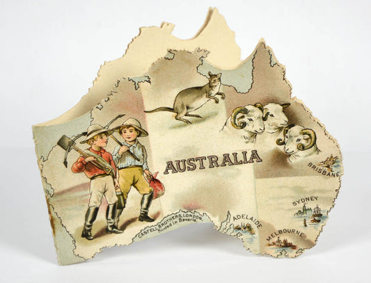 A rare shape book, in the form of the Australian continent, with scenes of Australian life, including sheep mustering and a bullock team.