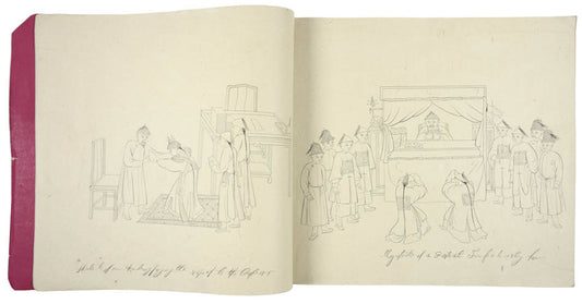 Fine collection of 118 original drawings showing Chinese ceremonies, the Imperial court, Chinese nobility, musical instruments, traders & craftspeople. 