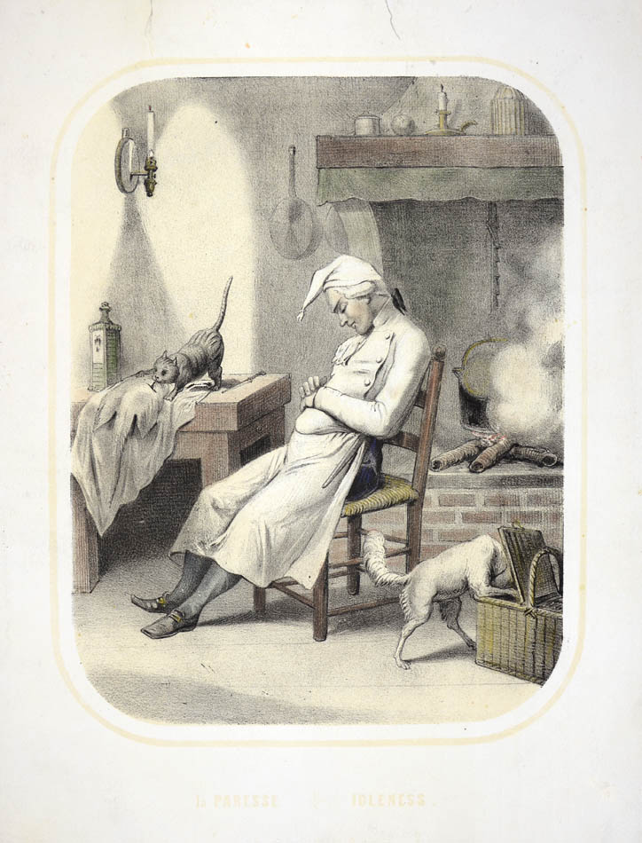 Seven tinted lithographs with contemporary hand-colour, all captioned in English and French.  