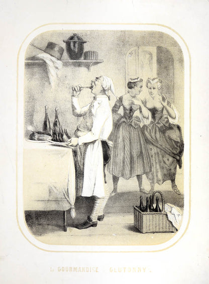Seven tinted lithographs with contemporary hand-colour, all captioned in English and French.