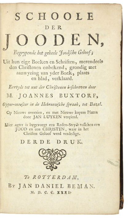 The third Dutch edition of Schoole der Jooden by Joannes Buxtorf, including four folding hand-coloured engraved plates and a hand-coloured title page.