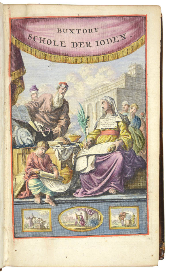 The third Dutch edition of Schoole der Jooden by Joannes Buxtorf, including four folding hand-coloured engraved plates and a hand-coloured title page.