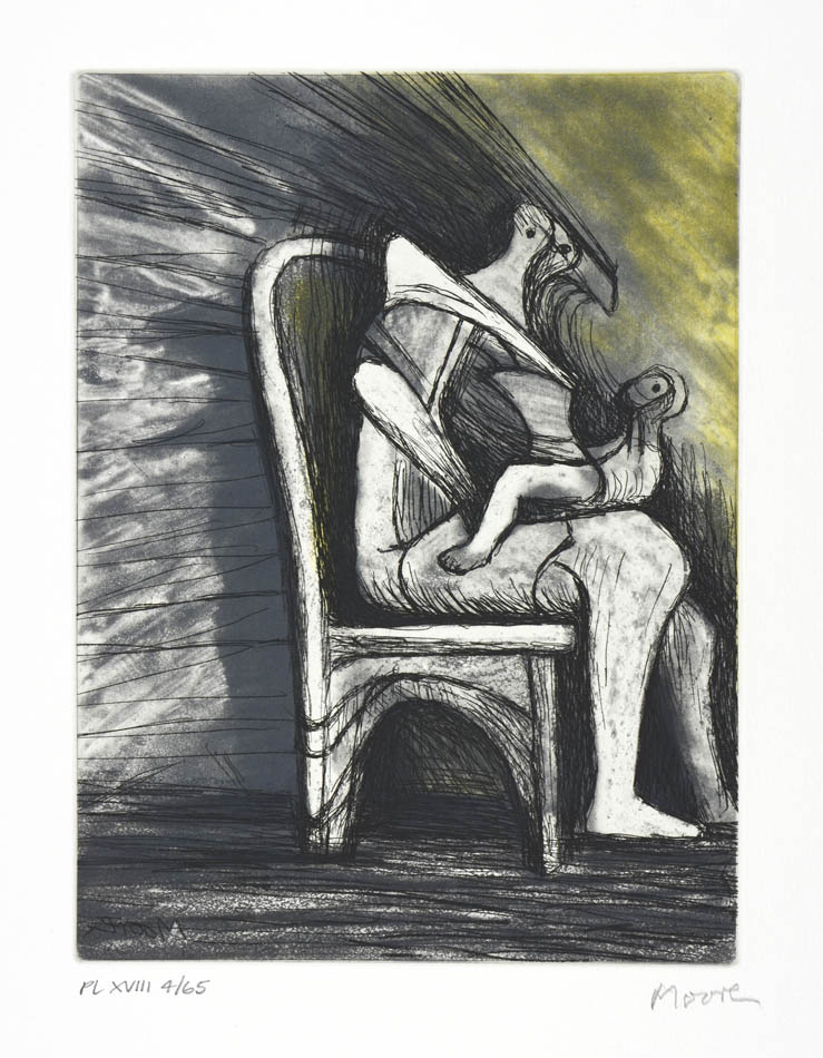 Henry Moore, Plate XVIII, Mother and Child, 1983, etching, aquatint, and roulette printed in colours, signed by the artist, from the edition of 65, on Arches wove paper