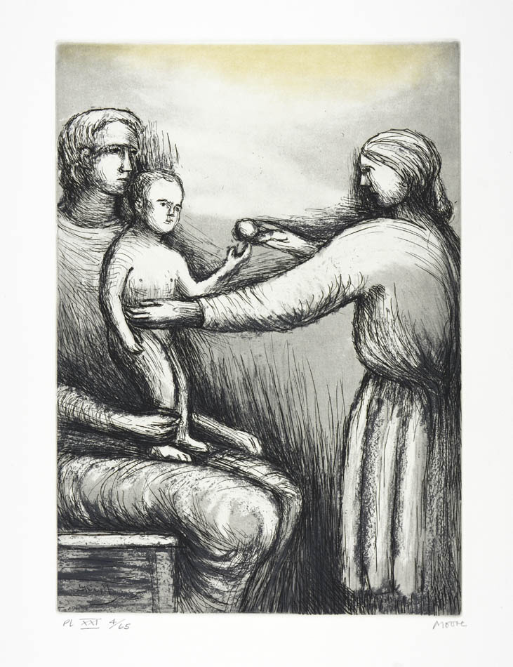 Henry Moore, Plate XXI, Mother and Child, 1983, etching, aquatint, and roulette printed in colours, signed by the artist, from the edition of 65, on Arches wove paper