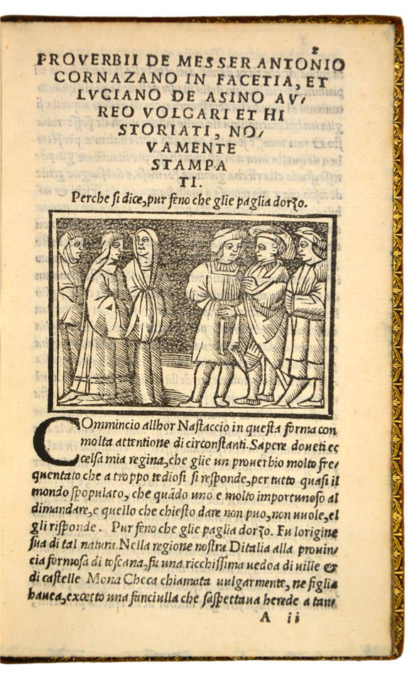 Scarce early edition based on Cornazano's collection of tales, with 17 pictorial woodcuts, ttile within architectural border.