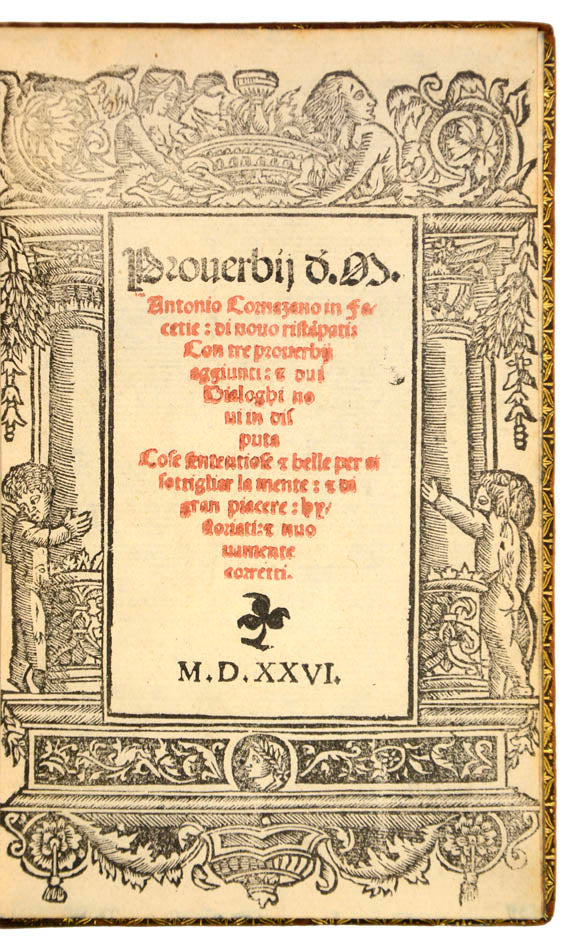 Scarce early edition based on Cornazano's collection of tales, with 17 pictorial woodcuts, ttile within architectural border.