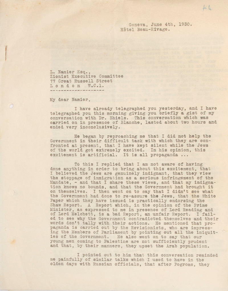 Collection of manuscripts, letters and transcripts related to the establishment of the Jewish State, including Weizmann's and NAmier's correspondance with British Government officials. 