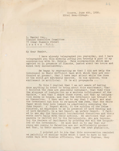 Collection of manuscripts, letters and transcripts related to the establishment of the Jewish State, including Weizmann's and NAmier's correspondance with British Government officials. 