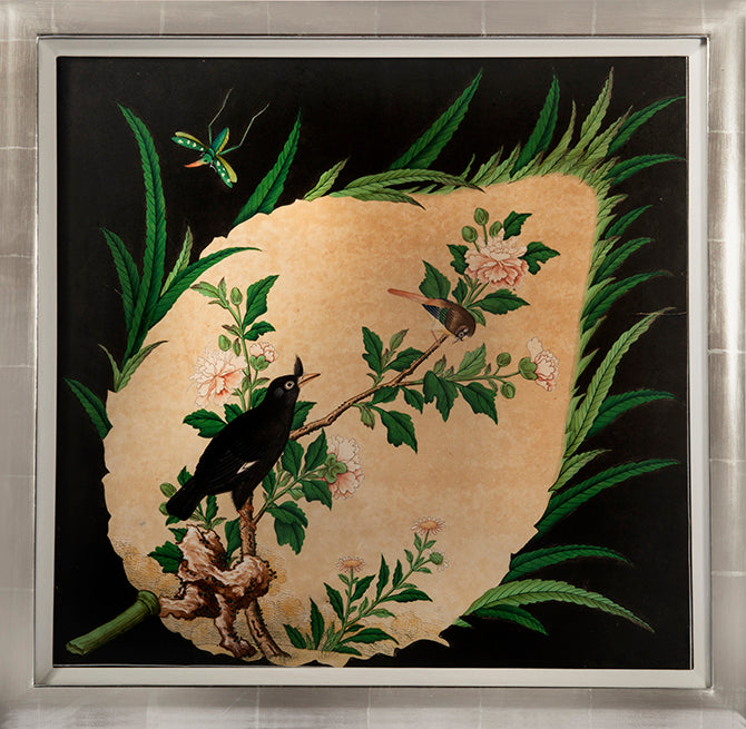 each finely painted in ink and gouache on paper with bird and flower scenes enclosed with floral cartouches, on a dark ground.