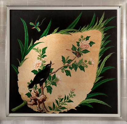 each finely painted in ink and gouache on paper with bird and flower scenes enclosed with floral cartouches, on a dark ground.