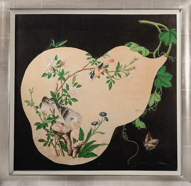 each finely painted in ink and gouache on paper with bird and flower scenes enclosed with floral cartouches, on a dark ground.